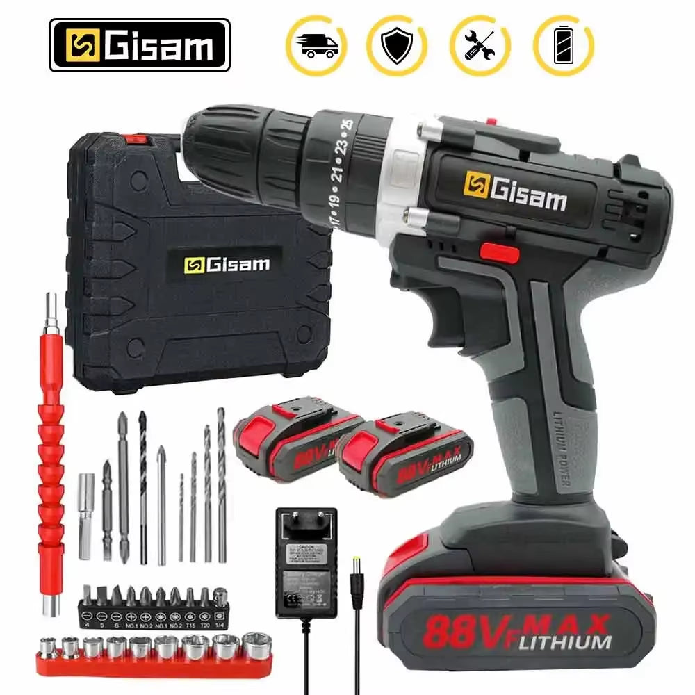88VF Cordless Electric Impact Drill and Screwdriver with Rechargeable Lithium Battery and Dual Speed Settings for Household Use