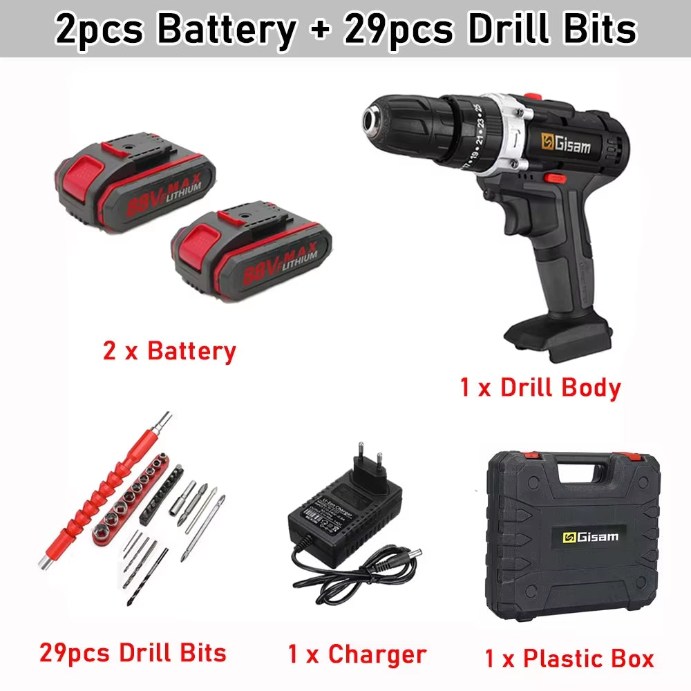 88VF Cordless Electric Impact Drill and Screwdriver with Rechargeable Lithium Battery and Dual Speed Settings for Household Use