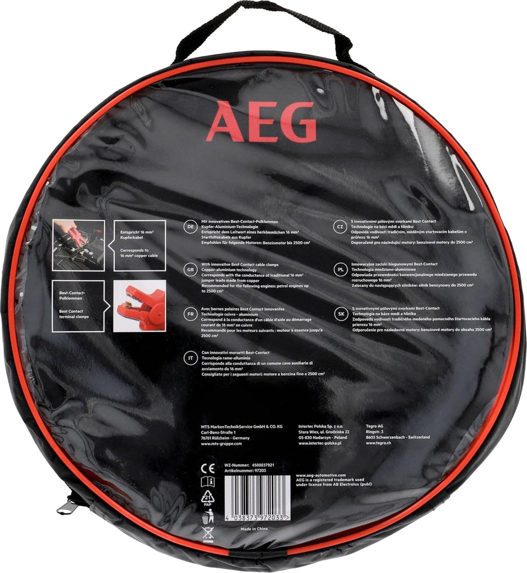AEG Starthilfekabel Alu-Tec, Für 12 Volt Und 24 Volt, in Aufbewahrungstasche, 2 X 3M, Erfüllt DIN 72553