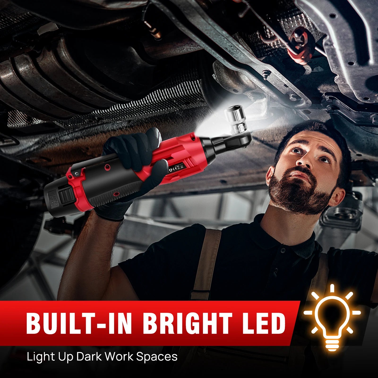 200Nm Cordless Ratchet Wrench Set 90° with 2 X 1500Mah Lithium-Ion Batteries, 3/8'' Angle Wrench with 7Pcs Sockets Set