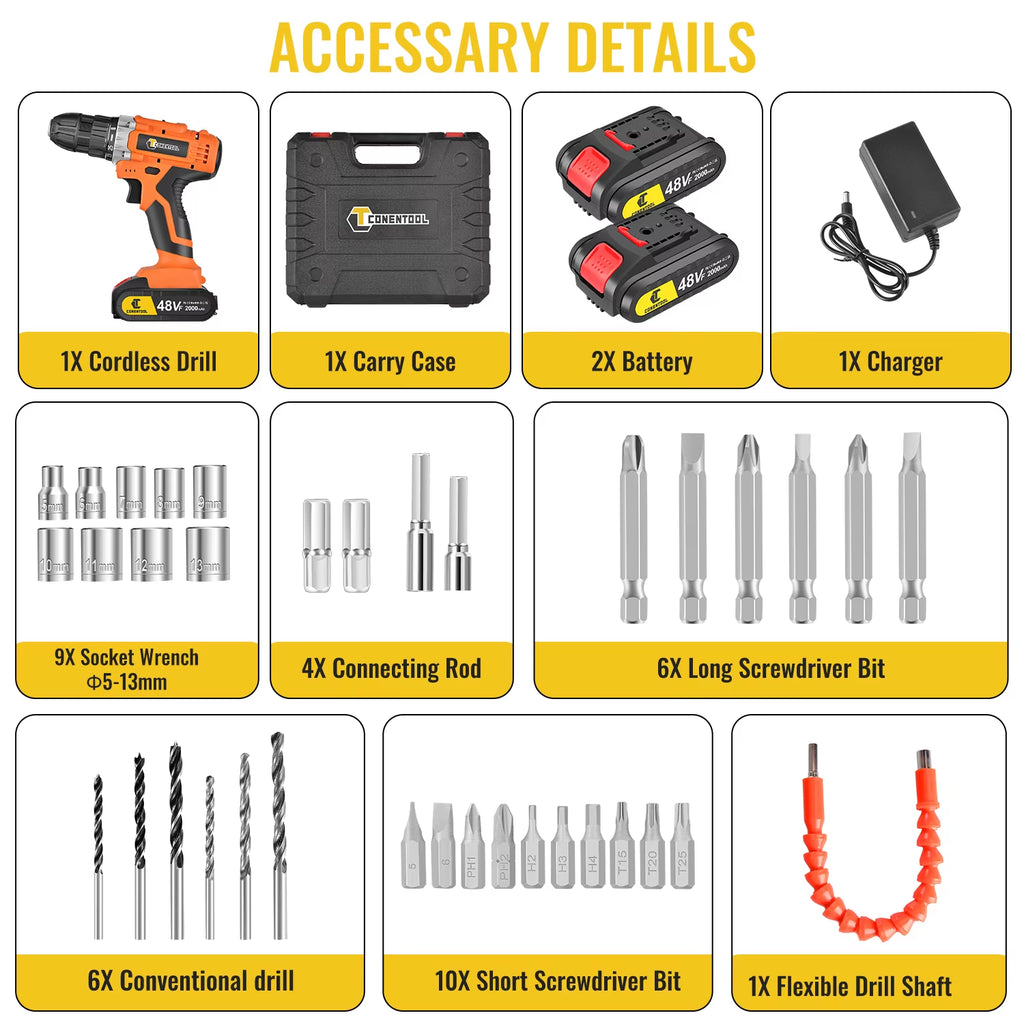 48VF Cordless Drill Combi Driver Electric Screwdriver Set with Battery Case Akkuschrauber Akku-Schlagbohrschrauber