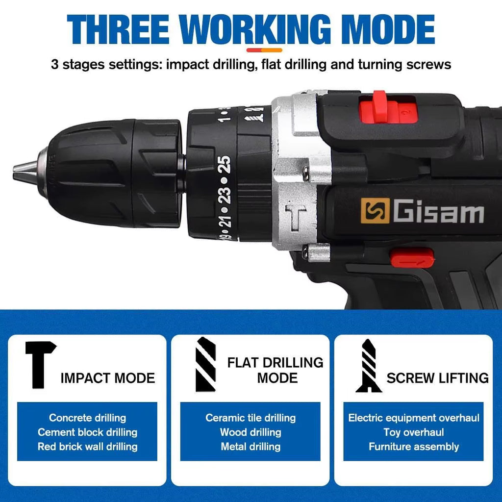 88VF Cordless Electric Impact Drill and Screwdriver with Rechargeable Lithium Battery and Dual Speed Settings for Household Use