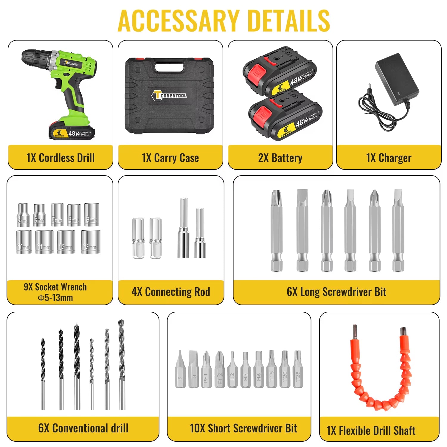 48VF Cordless Drill Combi Driver Electric Screwdriver Set with Battery Case Akkuschrauber Akku-Schlagbohrschrauber
