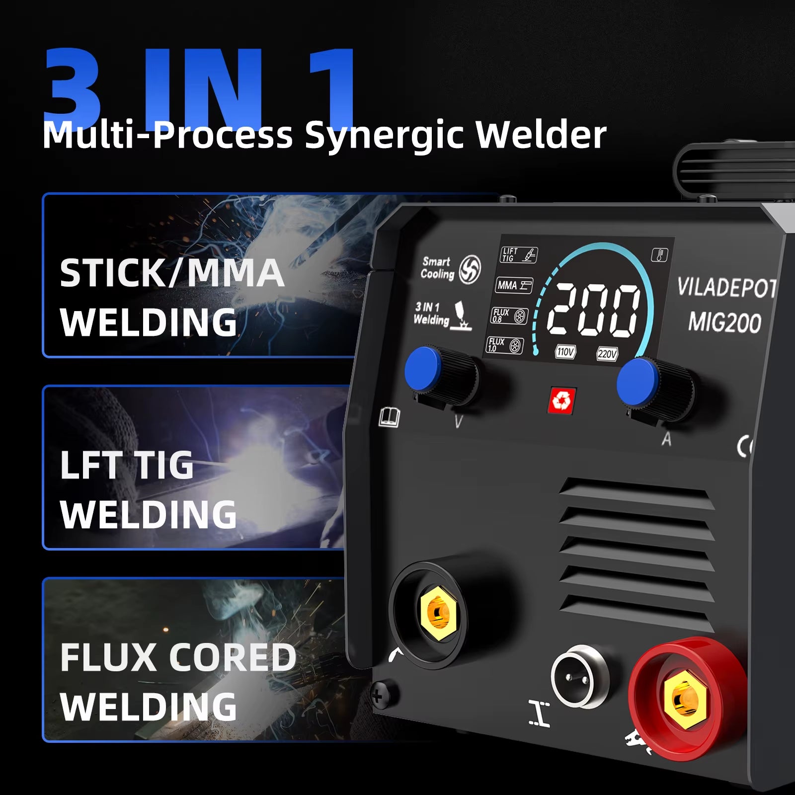 3 in 1 No Gas MIG Welder Mig/Mma/Lift TIG MIG200 Semi-Automatic Welding Machine with Flux Cored Wire Gasless