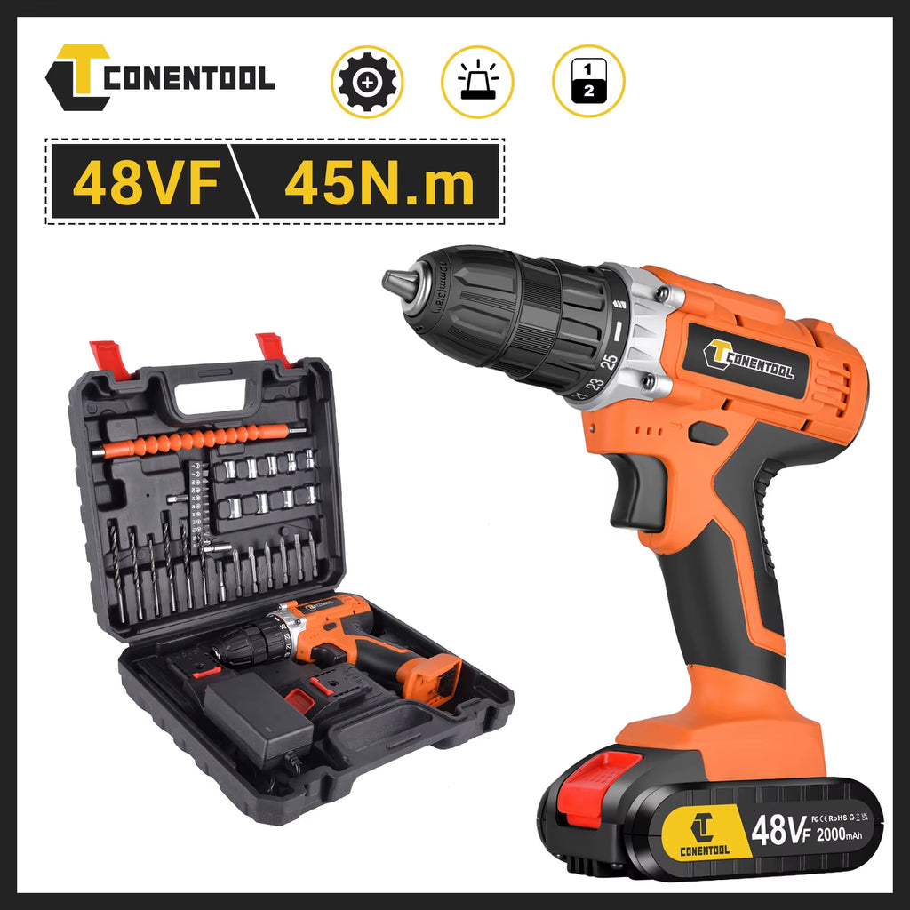 48VF Cordless Drill Combi Driver Electric Screwdriver Set with Battery Case Akkuschrauber Akku-Schlagbohrschrauber